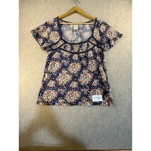 Ric Rac Womens Floral Square Neck Pleated Short Sleeve Top Navy Multi Size L